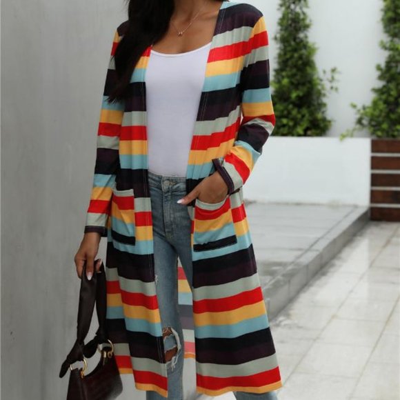 Burnt Orange Striped Printed Long Cardigan - Picture 5 of 5